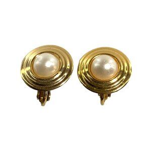 Vintage Gold-Tone Clip-On Earrings With Faux Pearl Center